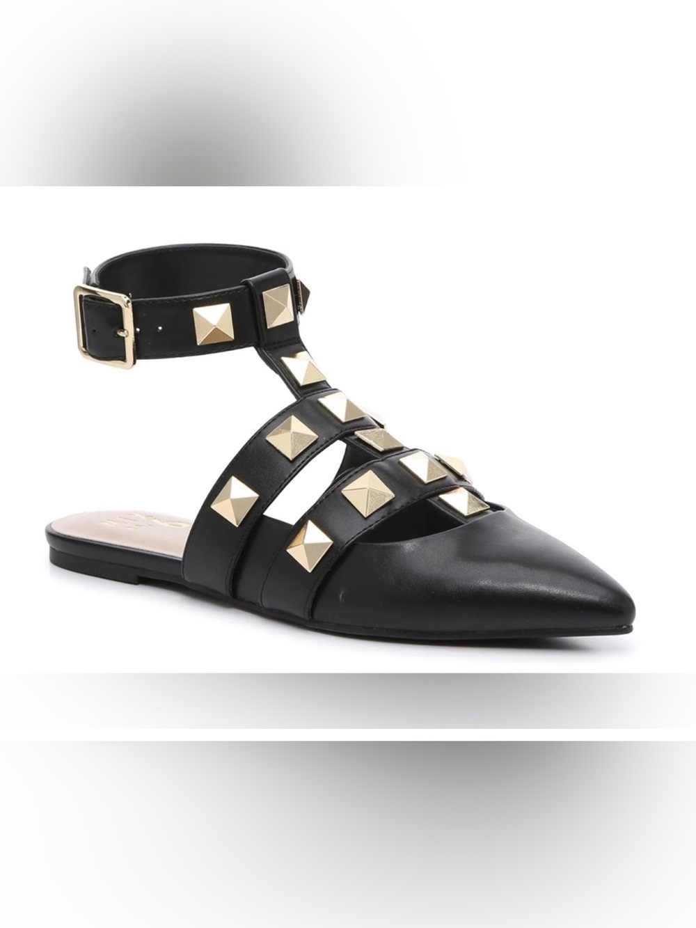 Mix No. 6 Black Pointed T-Strap Flat with Gold Studs Size 7.5
